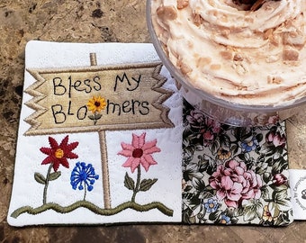 Bless My Bloomers Mug Rug - Gift for Coffee & Tea Lovers - Floral Rectangle Coaster