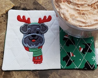 Christmas Mug Rug - Gift for Coffee and Tea Lovers - Scotish Terrier Rectangle Coaster
