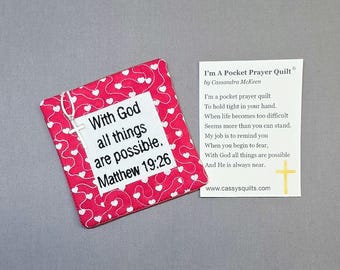 Valentine's Day Pocket Prayer Quilt with Cross - Matthew 19:26 Embroidered Scripture