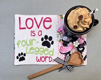 Cat Themed Mug Rug - Love is a Four Legged Word Rectangle Coaster