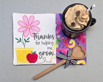 Teacher Mug Rug: Quilted Coaster Gift - "Thank You For Helping Me Grow" Embroidered Message