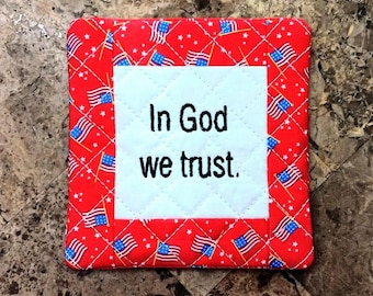 Pocket Prayer Quilt With Cross & Back Pocket - Embroidered With "In God We Trust"