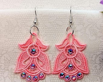 Angel Earrings With Rhinestones - Embroidered Free Standing Lace