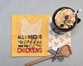 Chicken Themed Mug Rug - All I Need Is Coffee & My Chickens Rectangle Coaster