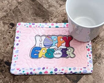 Hoppy Easter Mug Rug Happy Easter Rectangular Coaster Easter Bunny Coffee Tea Lover Present Hostess Gift