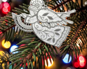 Angel Blowing A Trumpet Ornament With Iridescant Organza Wings and Body - Embroidered Free Standing Lace