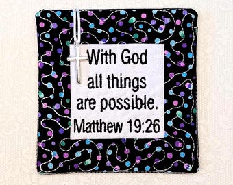 Pocket Prayer Quilt with Cross - Matthew 19:26 Embroidered Scripture