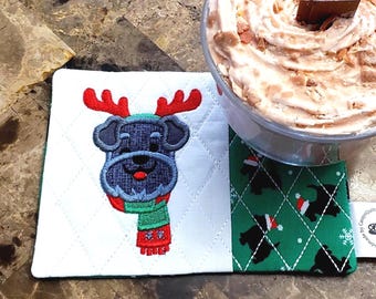 Christmas Mug Rug - Scottish Terrier Rectangle Coaster - Gift for Coffee and Tea Lovers