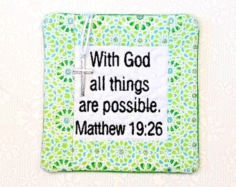 Pocket Prayer Quilt with Cross - Matthew 19:26 Embroidered Scripture