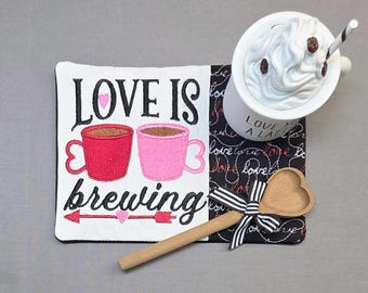 Coffee Themed Mug Rug: Love is Brewing Rectangle Coaster