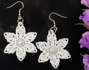 Snowflake Earrings - Genuine Freshwater Pearls - Embroidered Free Standing Lace