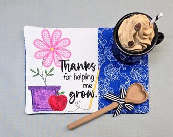 Teacher Mug Rug: Quilted Coaster Gift - "Thank You For Helping Me Grow" Embroidered Message