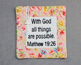 Pocket Prayer Quilt with Cross - Matthew 19:26 Embroidered Scripture