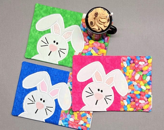 Featured listing image: Easter Mug Rug: Bunny  Rectangle Coaster - Gift for Coffee Lovers