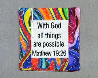 Rainbow Pocket Prayer Quilt with Cross - Matthew 19:26 Embroidered Scripture