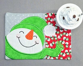 Cheerful Snowman Mug Rug - Ideal Gift for Coffee and Tea Lovers - Fabric Rectangle Coaster
