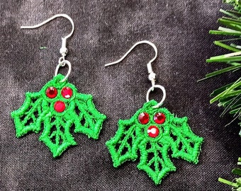 Holly Earrings - Rhinestone Berries - Embroidered Free Standing Lace
