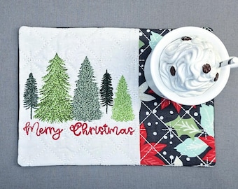 Christmas Trees Mug Rug - Ideal Gift for Coffee and Tea Lovers - Fabric Rectangle Coaster