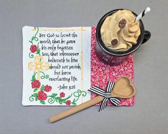Christian Mug Rug - John 3:16 Embroidered on Rectangle Coaster
