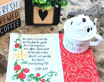 Christian Mug Rug John 3:16 - Ideal Gift for Coffee and Tea Lovers - Fabric Rectangle Coaster