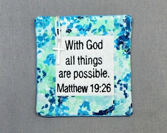 Pocket Prayer Quilt with Cross - Matthew 19:26 Embroidered Scripture