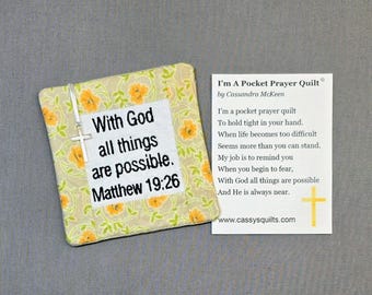 Pocket Prayer Quilt with Cross - Matthew 19:26 Embroidered Scripture