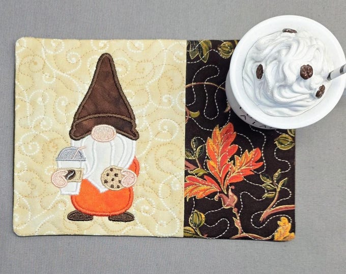 Featured listing image: Fall Gnome Mug Rug - Ideal Gift for Coffee and Tea Lovers - Fabric Rectangle Coaster