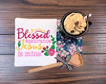 Christian Mug Rug Embroidered With "Blessed Assurance Jesus Is Mine" - Quilted Coaster Gift