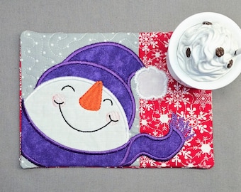 Cheerful Snowman Mug Rug - Ideal Gift for Coffee and Tea Lovers - Fabric Rectangle Coaster
