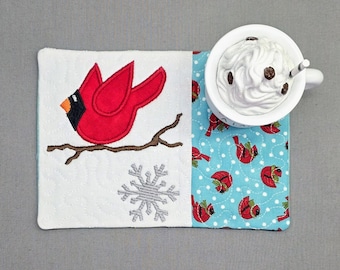 Cardinal Mug Rug: Winter Snowflake Rectangle Coaster - Gift for Coffee and Tea Lovers