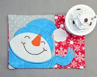 Cheerful Snowman Mug Rug: Winter Snowflakes Rectangle Coaster - Gift for Coffee & Tea Lovers