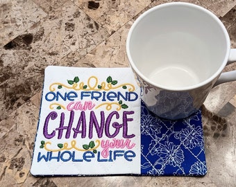 Friendship Mug rug - Ideal Gift for Coffee and Tea Lovers - Fabric Rectangle Coaster