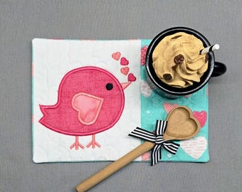 Valenrtine's Day Mug Rug: Singing Bird Rectangle Coaster - Gift for Coffee Lovers