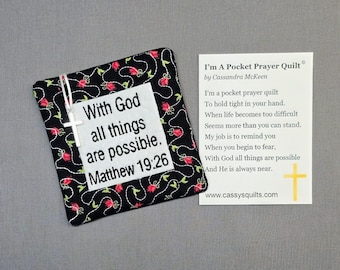 Pocket Prayer Quilt with Cross - Matthew 19:26 Embroidered Scripture