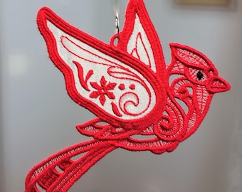 Red Cardinal Christmas Ornament with Sparkling Iridescent Wings - Embroidered  Free Standing Lace