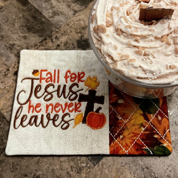 Fall For Jesus He Never Leaves Mug Rug Christian Rectangle Coaster Coffee Tea Lover Present Hostess Gift