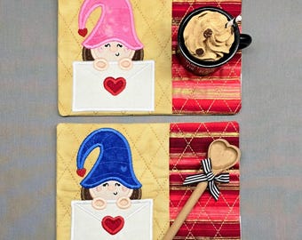 Valentine's Day Mug Rug: Gnome Girl Rectangle Coaster - Gift for Coffee Lovers