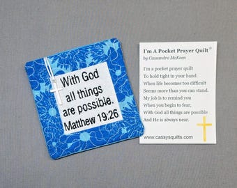 Pocket Prayer Quilt with Cross - Matthew 19:26 Embroidered Scripture