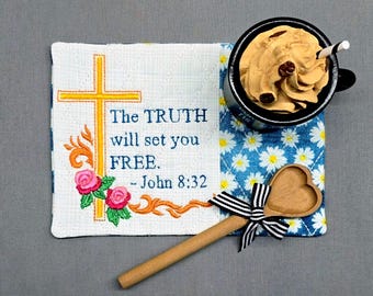 Christian Mug Rug - Cross Rectangle Coaster with Scripture John 8:32
