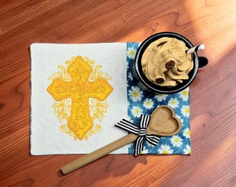Christian Mug Rug Embroidered With Cross - Quilted Coaster Gift