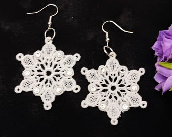 Snowflake Earrings - Rhinestones - Embroidered Free Standing Lace