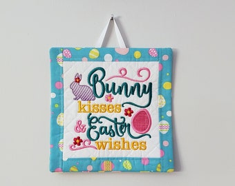 Bunny Kisses Easter Wishes Wall Hanging Mini Quilt Embroidered Quilted Easter Egg Easter Bunny Christian Art Faith Based Gift