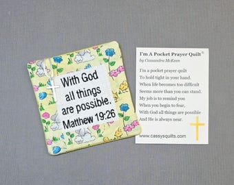 Pocket Prayer Quilt with Cross - Matthew 19:26 Embroidered Scripture