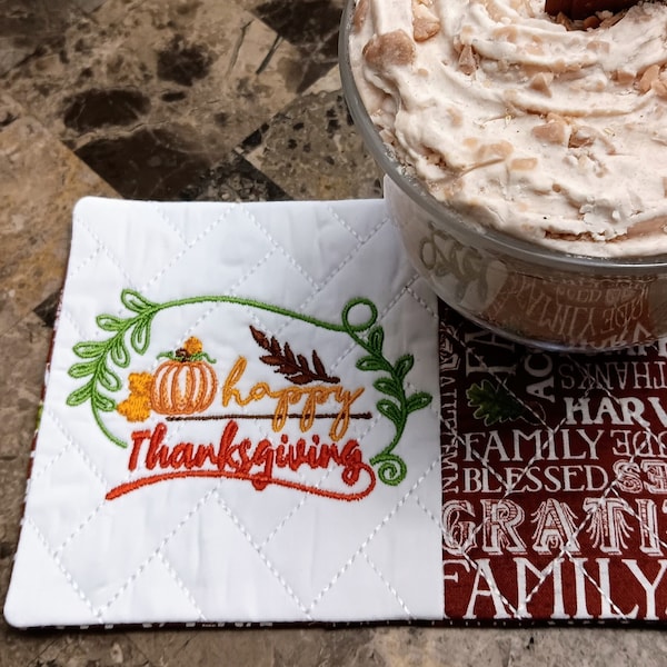 Happy Thanksgiving Mug Rug Rectangle Coaster Fall Autumn Pumpkin Leaves Coffee Tea Lover Present Hostess Gift