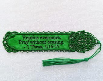 Christian Bookmark - Embroidered Scripture "Rejoice Evermore Pray Without Ceasing" 1 Thessalonians 5:16-17