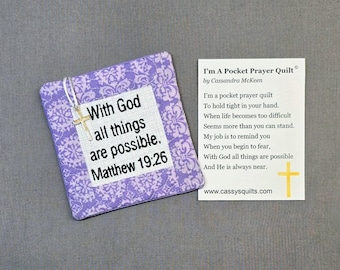 Pocket Prayer Quilt with Cross - Matthew 19:26 Embroidered Scripture