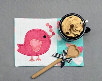 Valenrtine's Day Mug Rug: Singing Bird Rectangle Coaster - Gift for Coffee Lovers