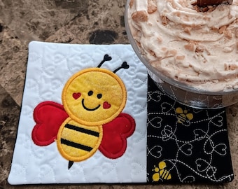 Cute Bee with Heart Wings Mug Rug - Fabric Rectangle Coaster Coffee