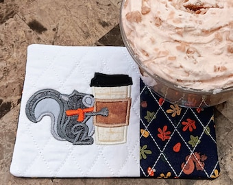 Fall Squirrel Mug Rug - Ideal Gift for Coffee and Tea Lovers - Fabric Rectangle Coaster