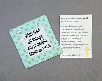 Pocket Prayer Quilt with Cross - Matthew 19:26 Embroidered Scripture
